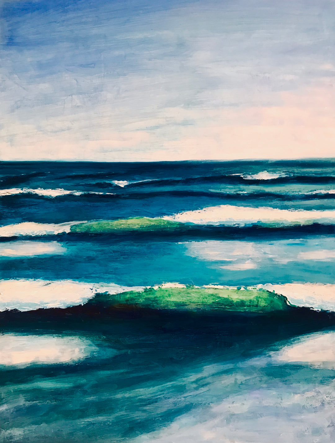 Broad Cove Beach seascape painting with blue and green waves and a clear blue sky